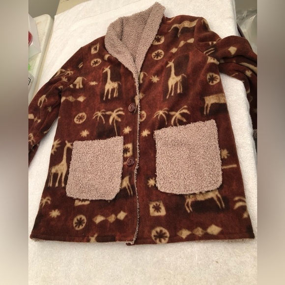 Safari Animal Fleece Teddy Bear Sherpa Jacket Brown Giraffe Elephant Size Large - Picture 7 of 16